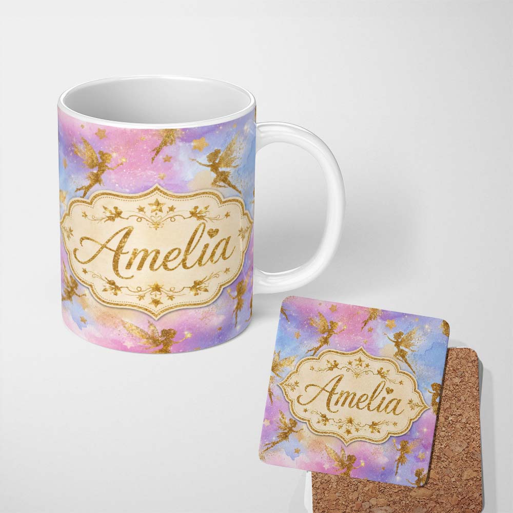 Personalized Custom Name Magical Gold Fairy Silhouettes with Stars on Watercolor Sky Lovely 11oz Ceramic Coffee Tea Mug White Large Handle
