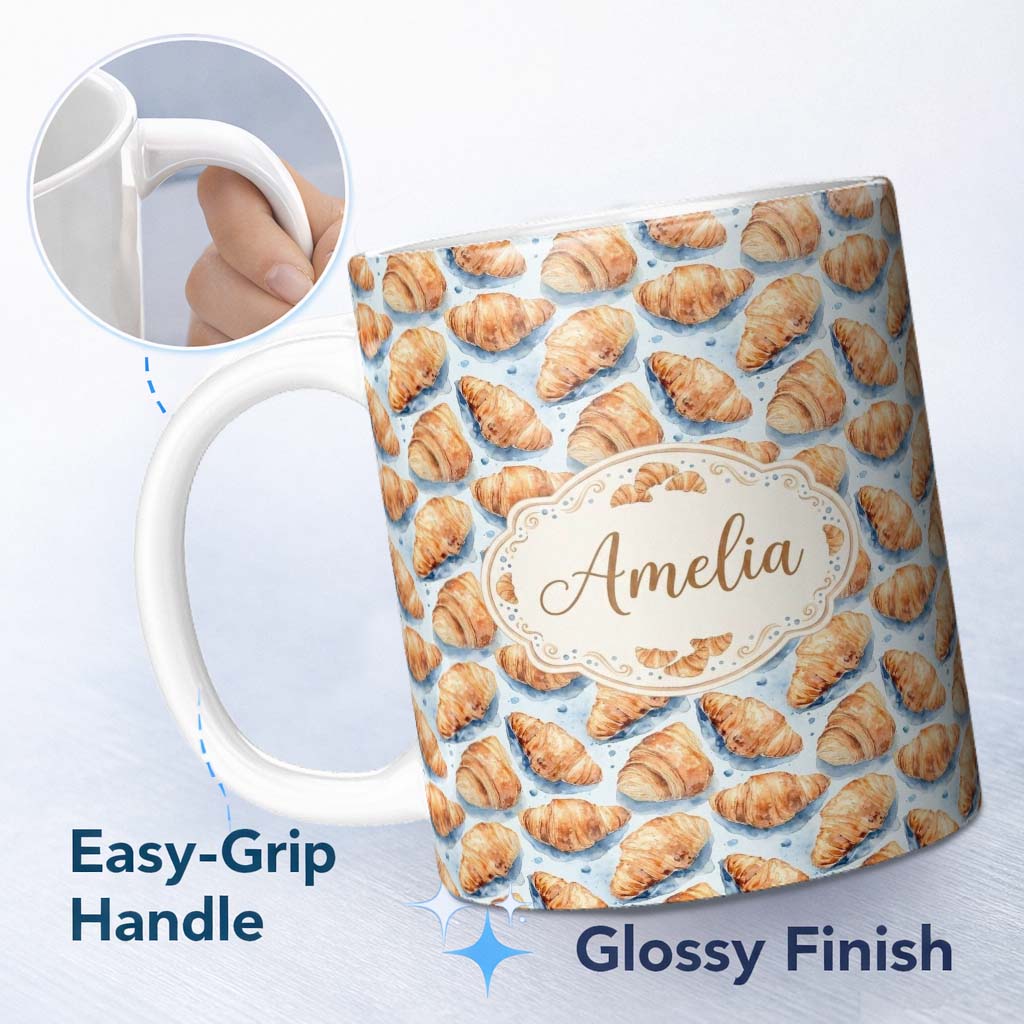 Personalized Custom Name Watercolor Croissant Pastry Soft Blue Artistic Seamless Pattern 11oz Ceramic Coffee Tea Mug White Large Handle