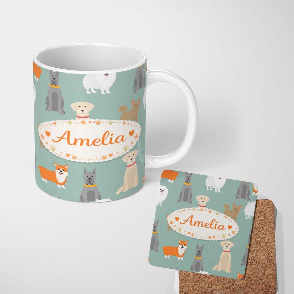 Personalized Custom Name Mixed Dog Breeds Cute Pets Green Background Seamless Pattern Lovely 11oz Ceramic Coffee Tea Mug White Large Handle