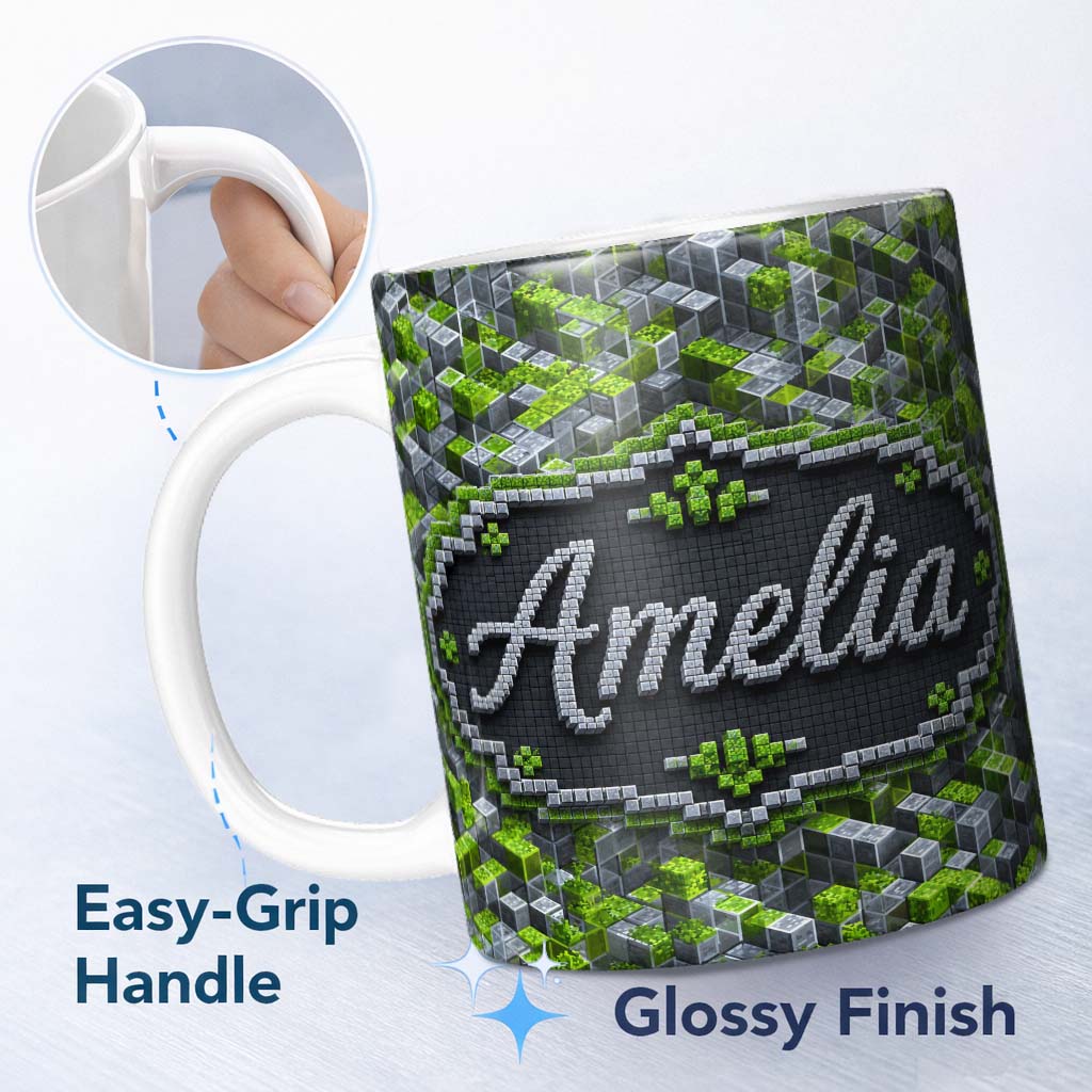 Personalized Custom Name Green Glass Cube Abstract Futuristic Seamless Pattern Lovely 11oz Ceramic Coffee Tea Mug White Large Handle