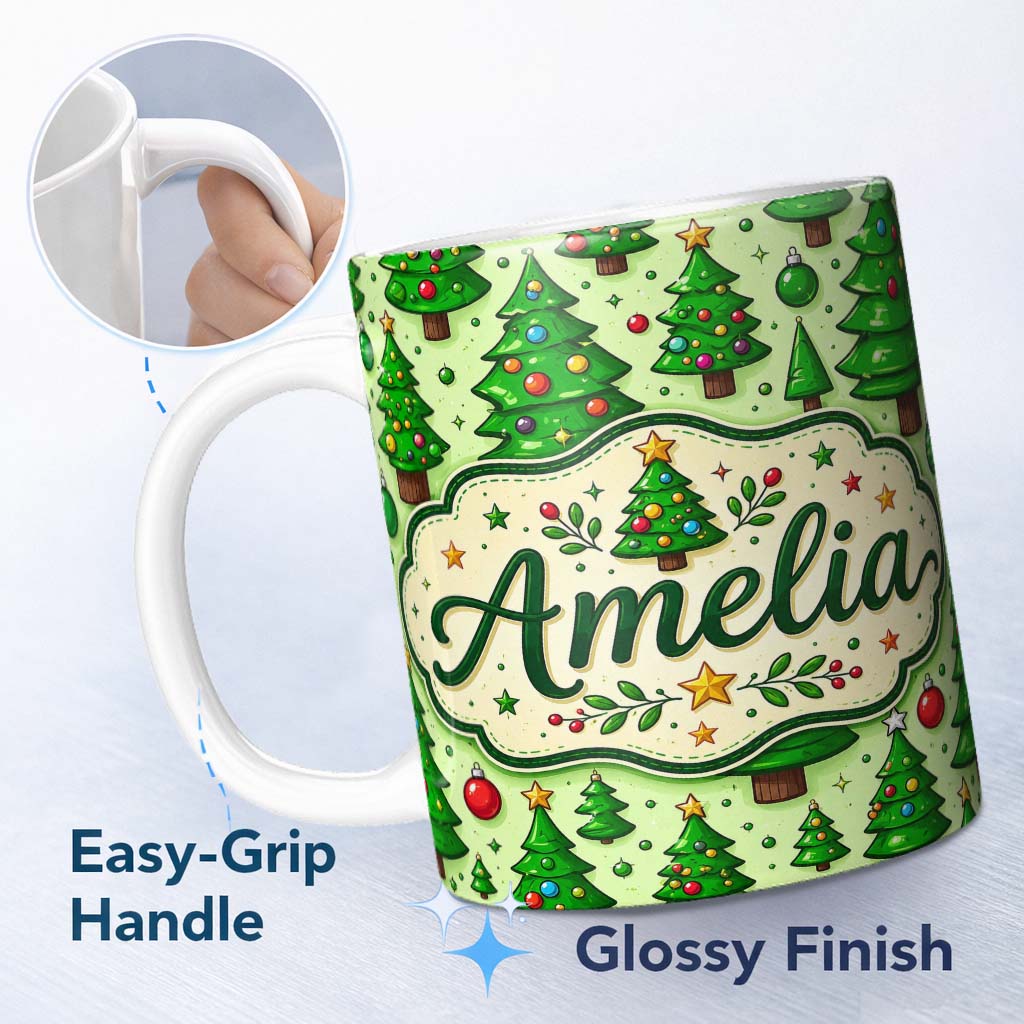 Personalized Custom Name Cartoon Christmas Trees Green Ornaments Cute Holiday Seamless Lovely 11oz Ceramic Coffee Tea Mug White Large Handle