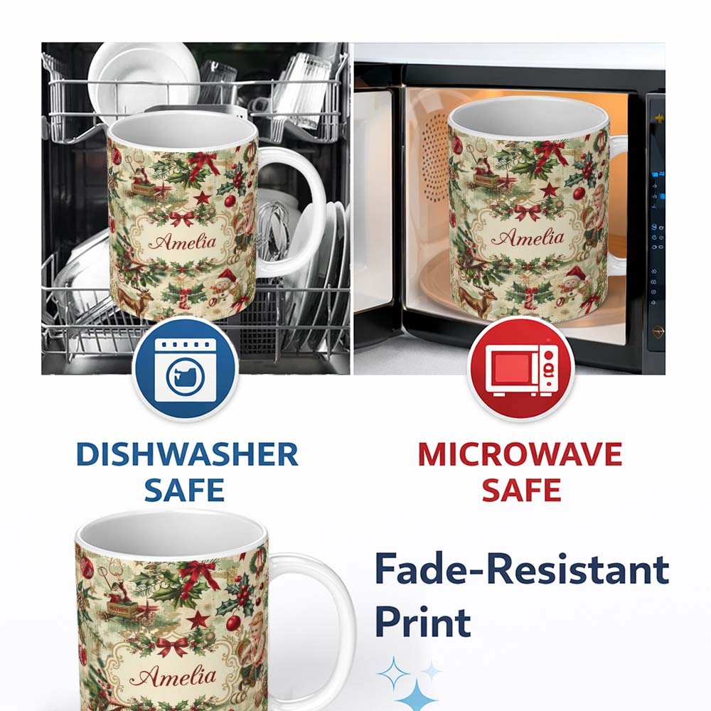 Personalized Custom Name Vintage Christmas Children Tree Snowman and Festive Illustrations 11oz Ceramic Coffee Tea Mug White Large Handle