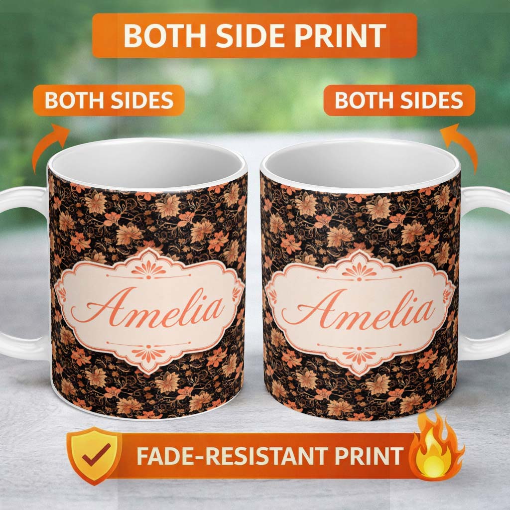 Personalized Custom Name Vintage Floral Vine in Warm Peach and Black Elegant Botanical Design 11oz Ceramic Coffee Tea Mug White Large Handle