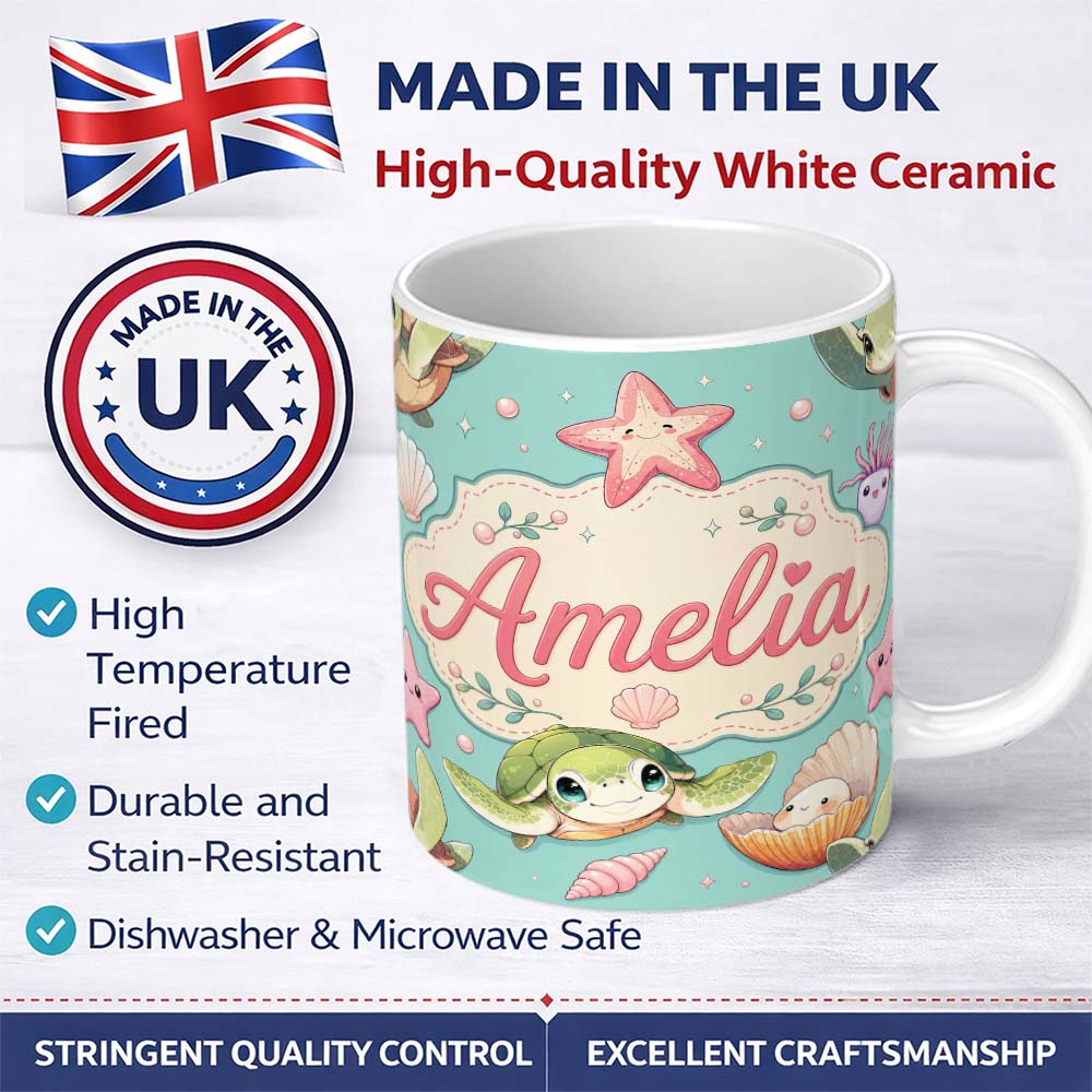 Personalized Custom Name Cute Sea Turtle Starfish Shell Kawaii Ocean Seamless Pattern Teal 11oz Ceramic Coffee Tea Mug White Large Handle