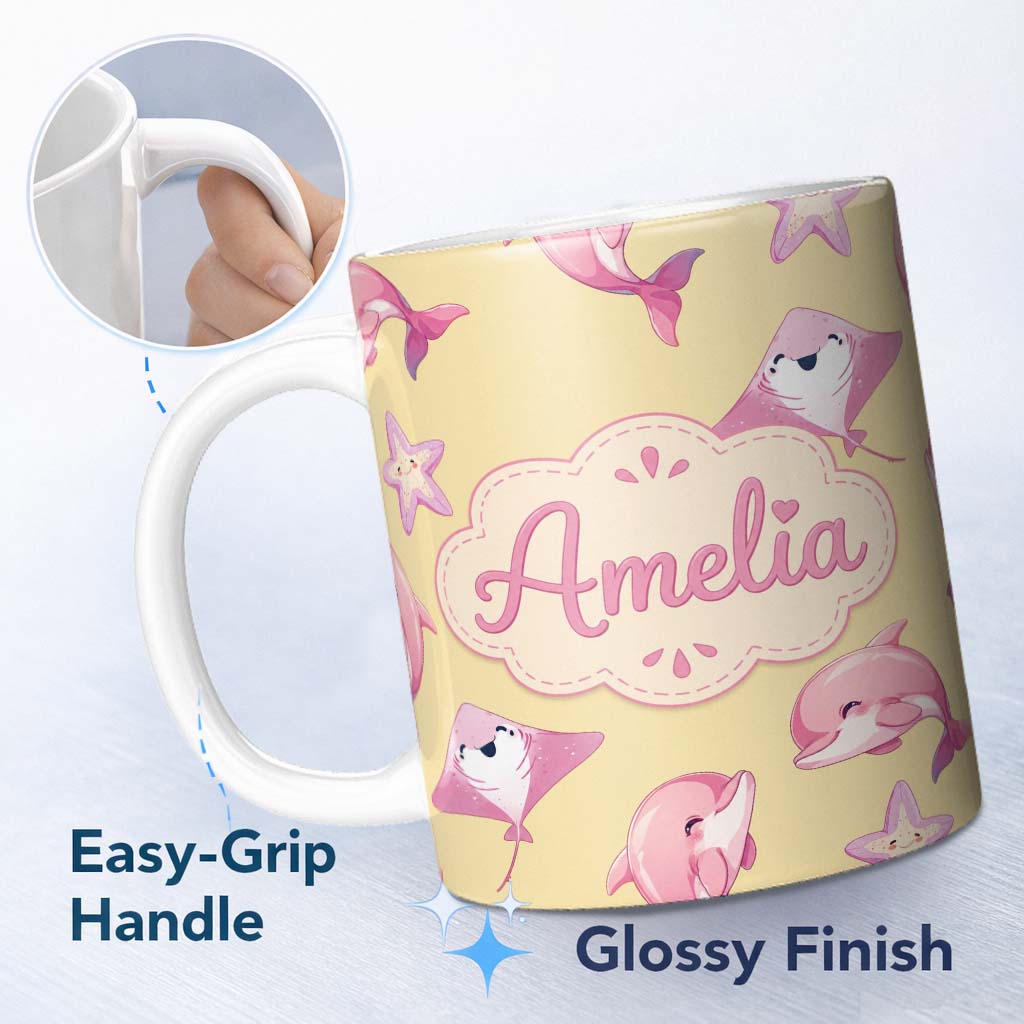 Personalized Custom Name Cute Pink Dolphins and Starfish Seamless Ocean Pattern Yellow Lovely 11oz Ceramic Coffee Tea Mug White Large Handle