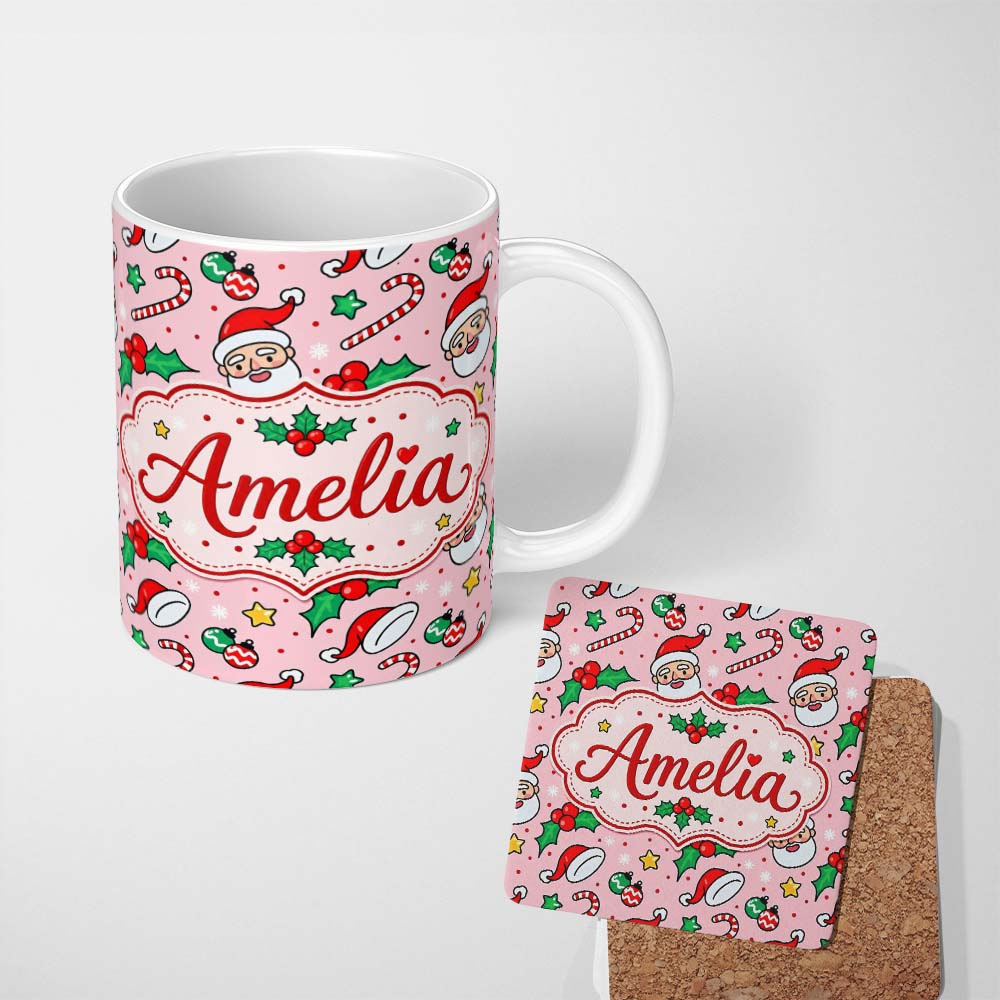 Personalized Custom Name Cute Santa Face Hats Candy Cane Pink Seamless Pattern Lovely 11oz Ceramic Coffee Tea Mug White Large Handle