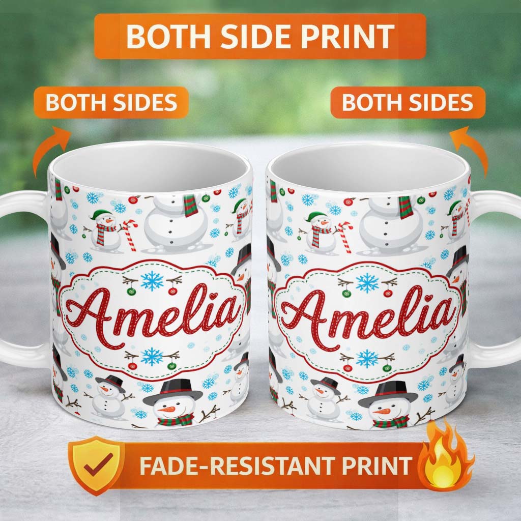 Personalized Custom Name Happy Snowman Winter Holiday Seamless Pattern Cute Unique Gift 11oz Ceramic Coffee Tea Mug White Large Handle