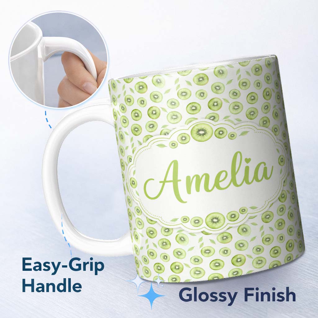 Personalized Custom Name Kiwi Slice and Leaf Botanical Seamless Pattern on Light Background 11oz Ceramic Coffee Tea Mug White Large Handle
