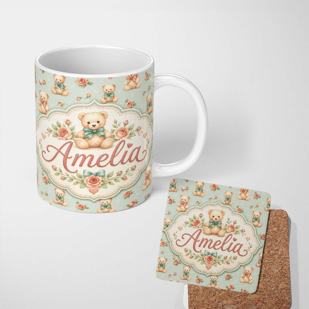 Personalized Custom Name Soft Teddy Bears with Bows and Rose Flowers Seamless Pattern Lovely 11oz Ceramic Coffee Tea Mug White Large Handle