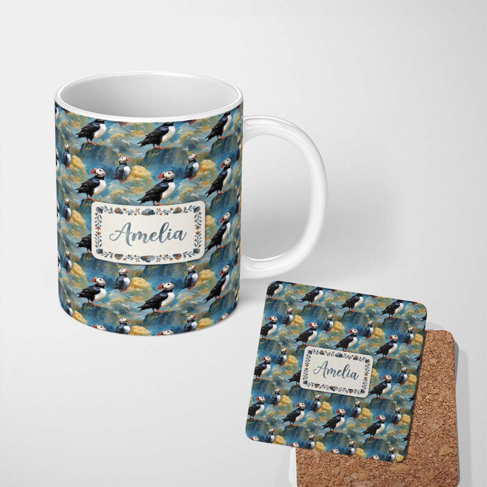 Personalized Custom Name Artistic Puffin Birds on Rocky Landscape Seamless Pattern Lovely 11oz Ceramic Coffee Tea Mug White Large Handle