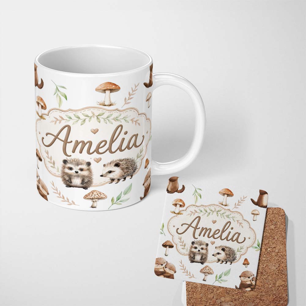 Personalized Custom Name Cute Woodland Hedgehog Mushrooms Leaves Seamless Pattern Soft Grey 11oz Ceramic Coffee Tea Mug White Large Handle