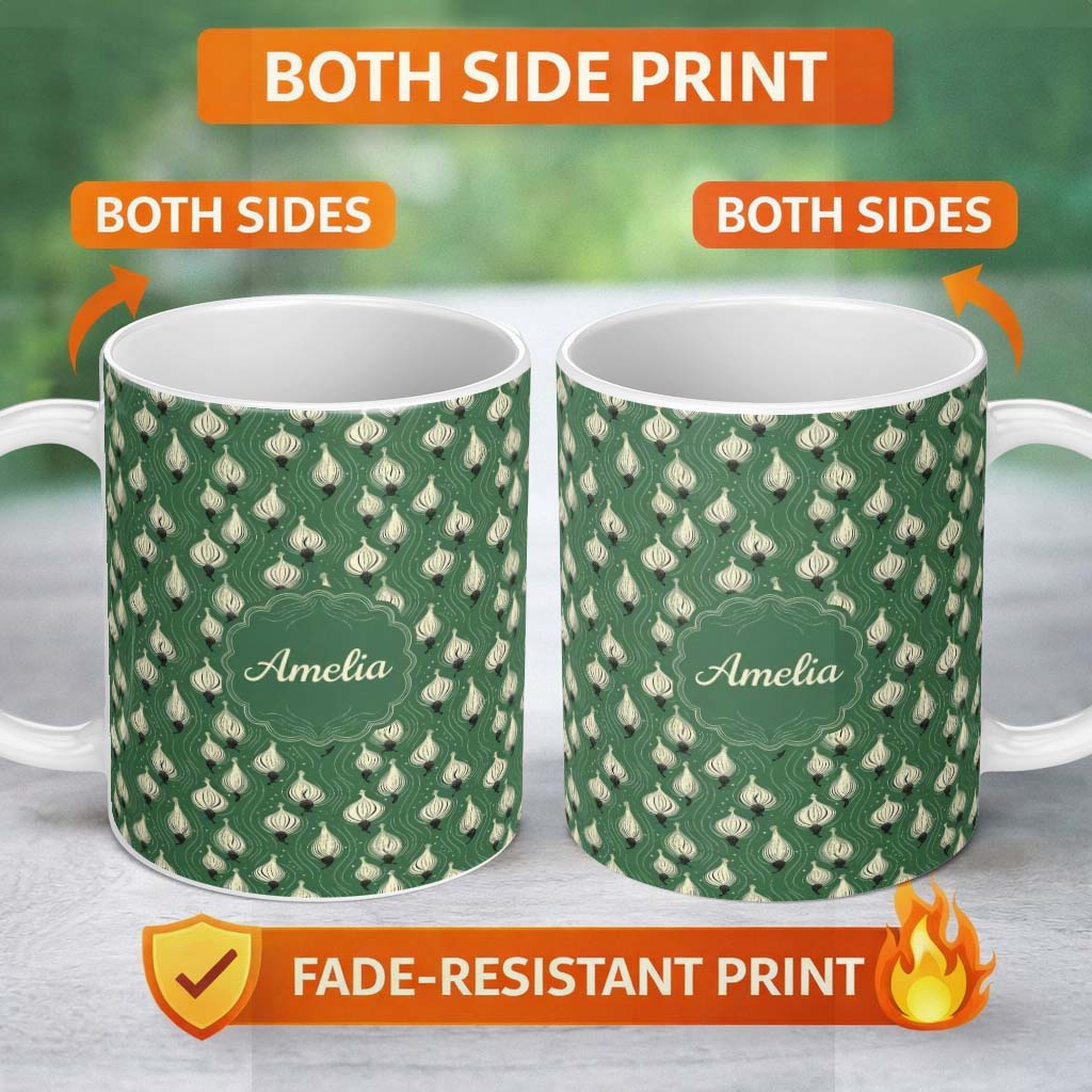 Personalized Custom Name Dark Green Onion Seamless Pattern Elegant Minimal Botanical Design 11oz Ceramic Coffee Tea Mug White Large Handle