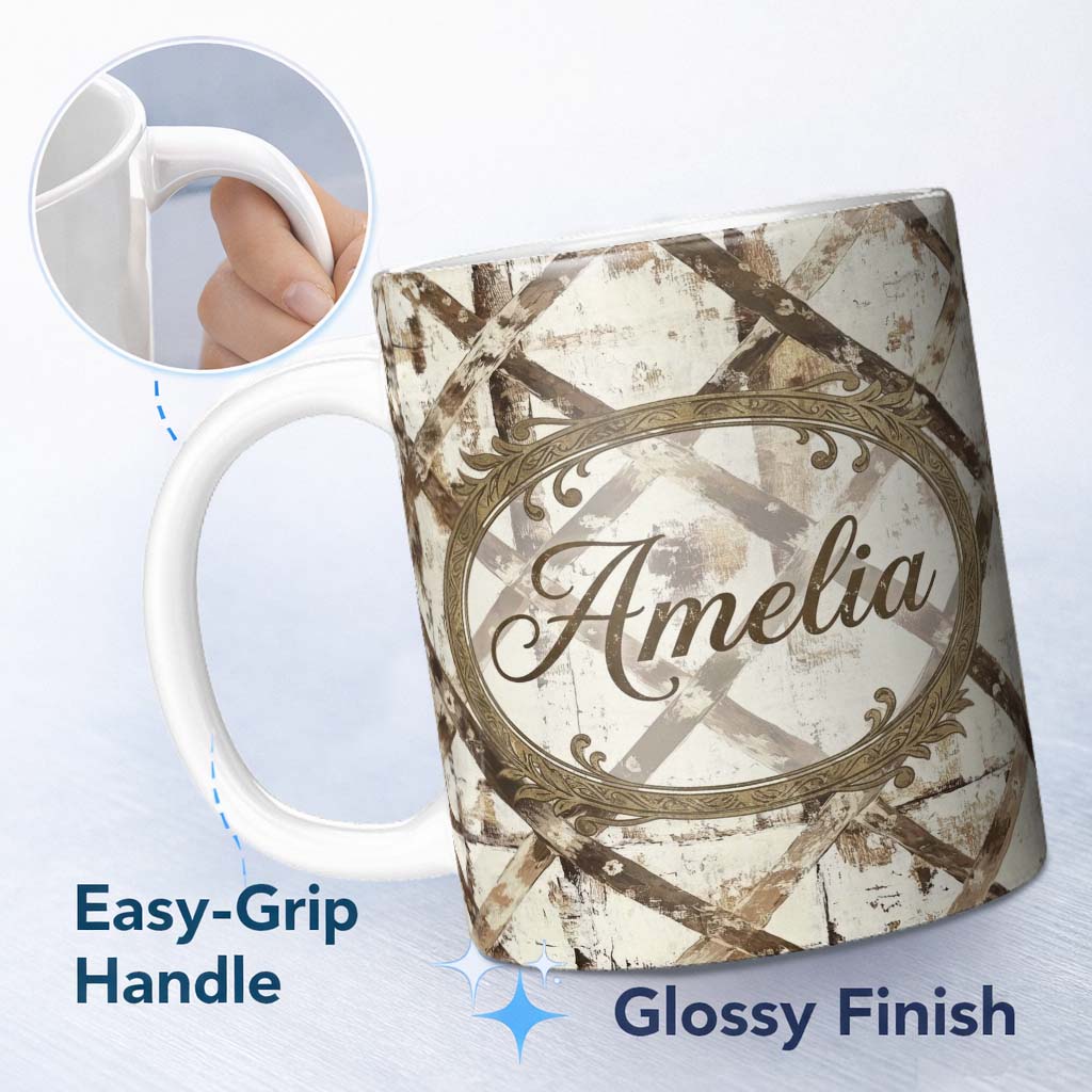 Personalized Custom Name Rustic Distressed Wooden Cross Pattern on Whitewashed Texture Lovely 11oz Ceramic Coffee Tea Mug White Large Handle