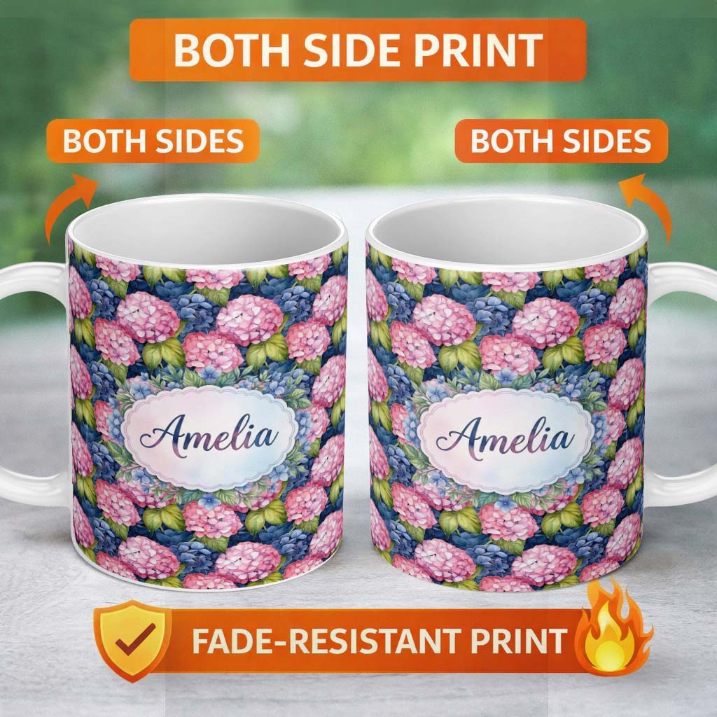 Personalized Custom Name Pink and Blue Hydrangea Floral Seamless Pattern Dark Background 11oz Ceramic Coffee Tea Mug White Large Handle