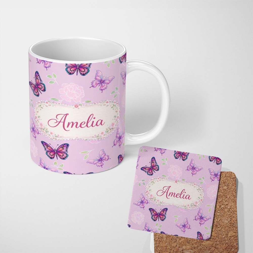Personalized Custom Name Pink Purple Butterfly Floral Lavender Background Seamless Pattern 11oz Ceramic Coffee Tea Mug White Large Handle