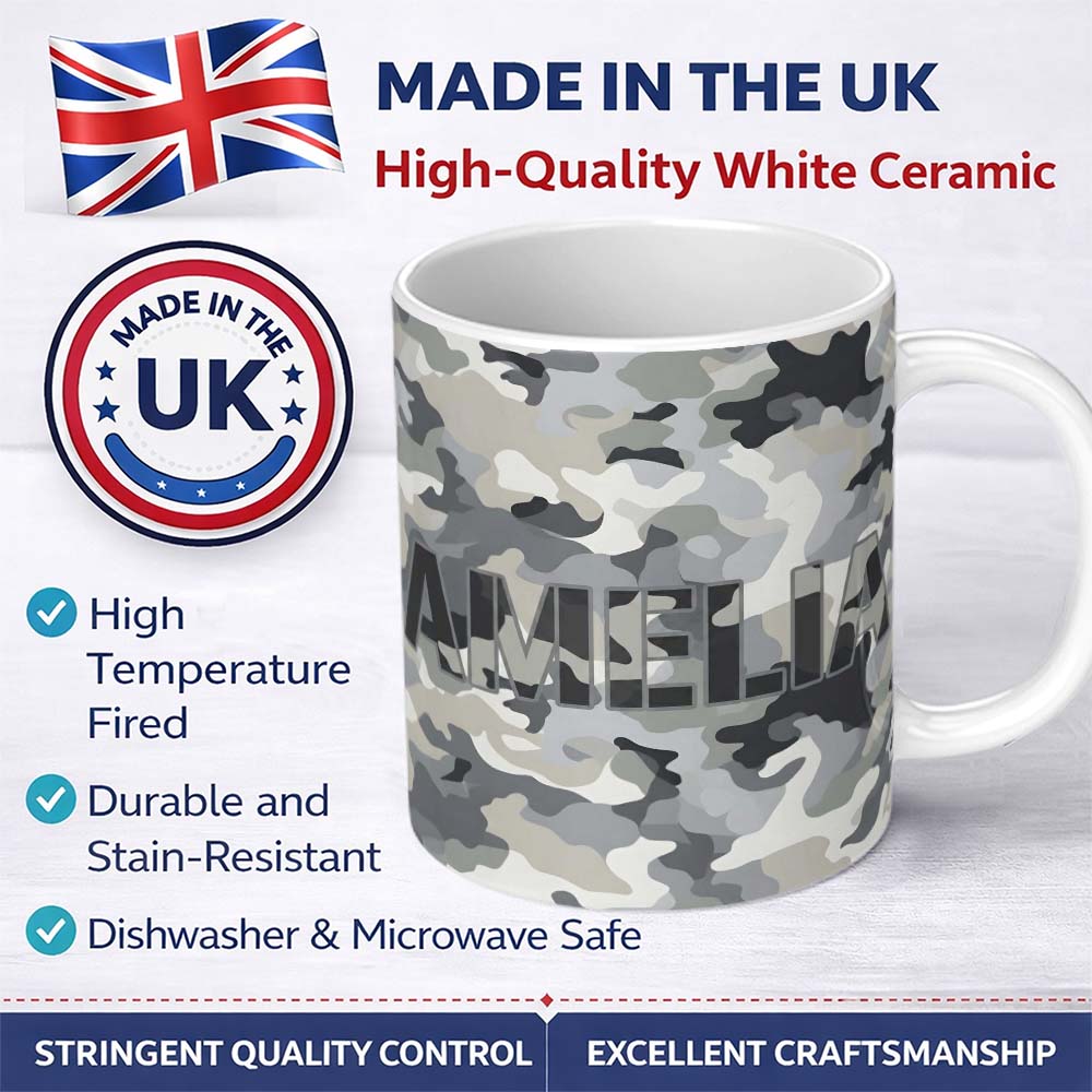 Personalized Custom Name Grey Neutral Camouflage Contemporary Seamless Pattern Lovely 11oz Ceramic Coffee Tea Mug White Large Handle