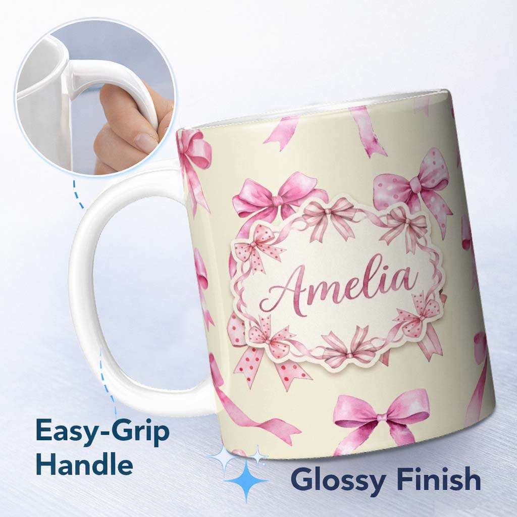 Personalized Custom Name Watercolor Pink Ribbon Bows Lavender Background Seamless Pattern 11oz Ceramic Coffee Tea Mug White Large Handle