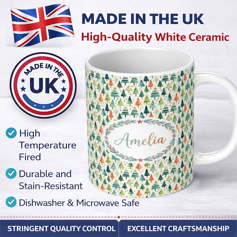 Personalized Custom Name Hand Drawn Christmas Tree Holiday Pattern Cream Background Seamless 11oz Ceramic Coffee Tea Mug White Large Handle