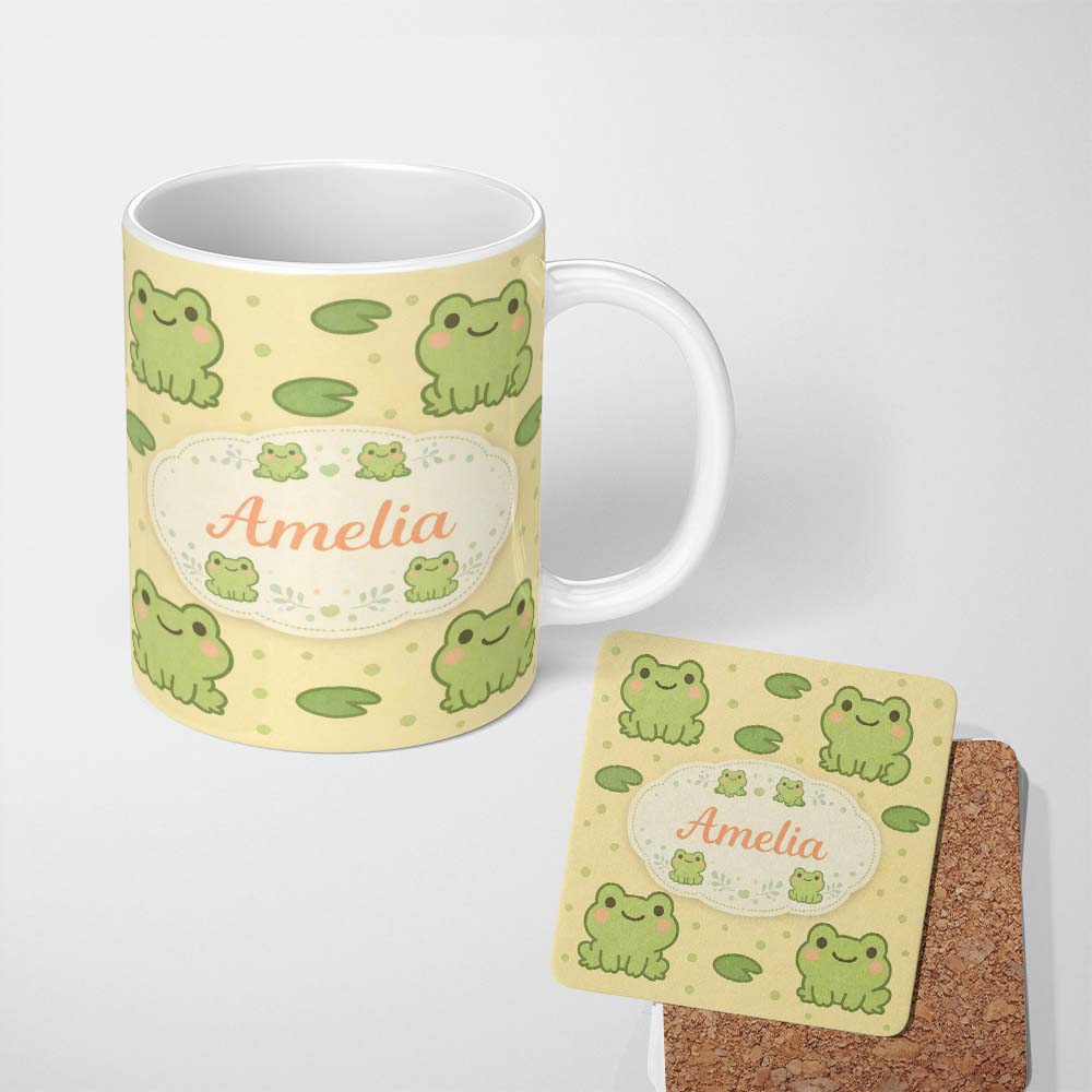 Personalized Custom Name Cute Frog Lily Pad Cartoon Animal Pattern Thoughtful Gift Idea 11oz Ceramic Coffee Tea Mug White Large Handle