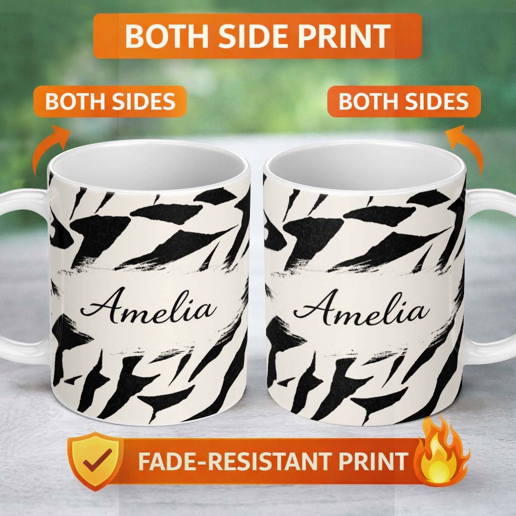 Personalized Custom Name Wavy Zebra Lines Black Cream Organic Stripe Pattern Cute Unique Gift 11oz Ceramic Coffee Tea Mug White Large Handle