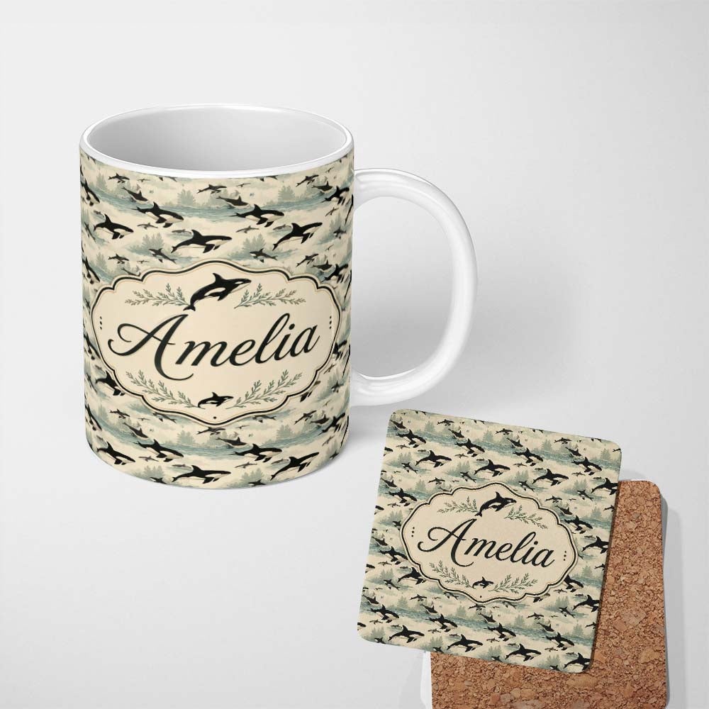 Personalized Custom Name Stylised Orca Whale Underwater Seamless Pattern Marine Botanical 11oz Ceramic Coffee Tea Mug White Large Handle