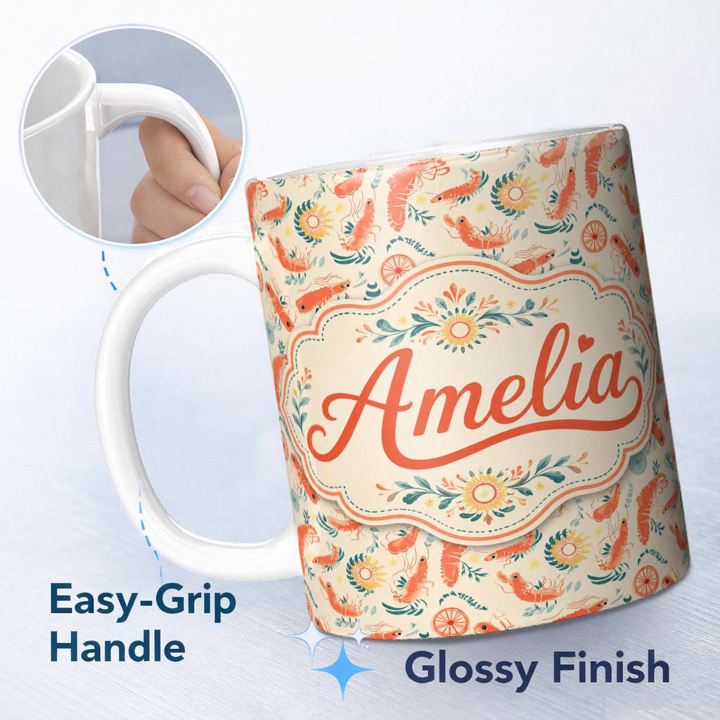 Personalized Custom Name Decorative Prawn with Citrus and Botanical Elements Seamless Pattern 11oz Ceramic Coffee Tea Mug White Large Handle