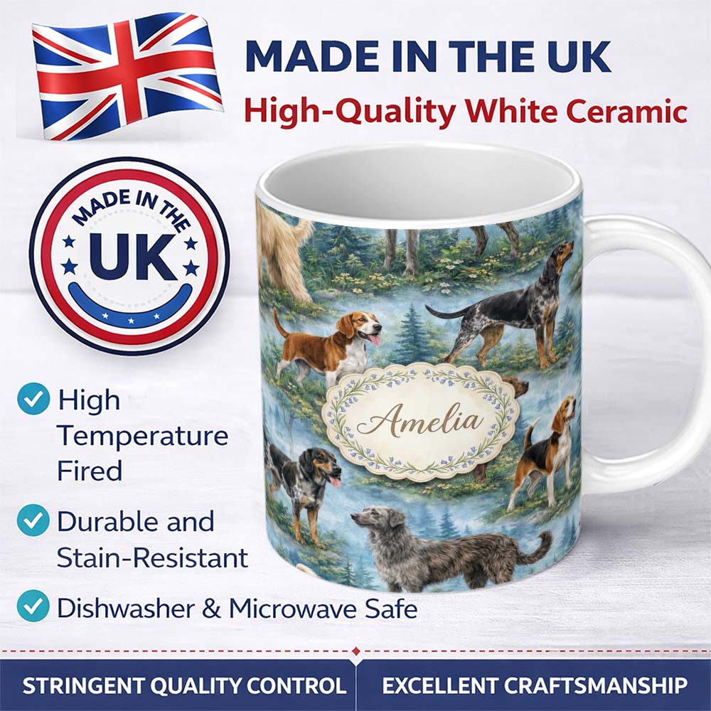 Personalized Custom Name Watercolor Hunting Dogs Forest Nature Seamless Pattern Lovely 11oz Ceramic Coffee Tea Mug White Large Handle