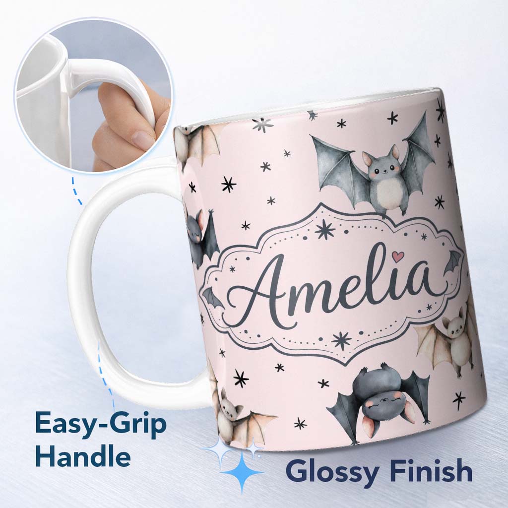 Personalized Custom Name Cute Watercolor Bats and Stars Seamless Pattern Blush Pink Lovely 11oz Ceramic Coffee Tea Mug White Large Handle
