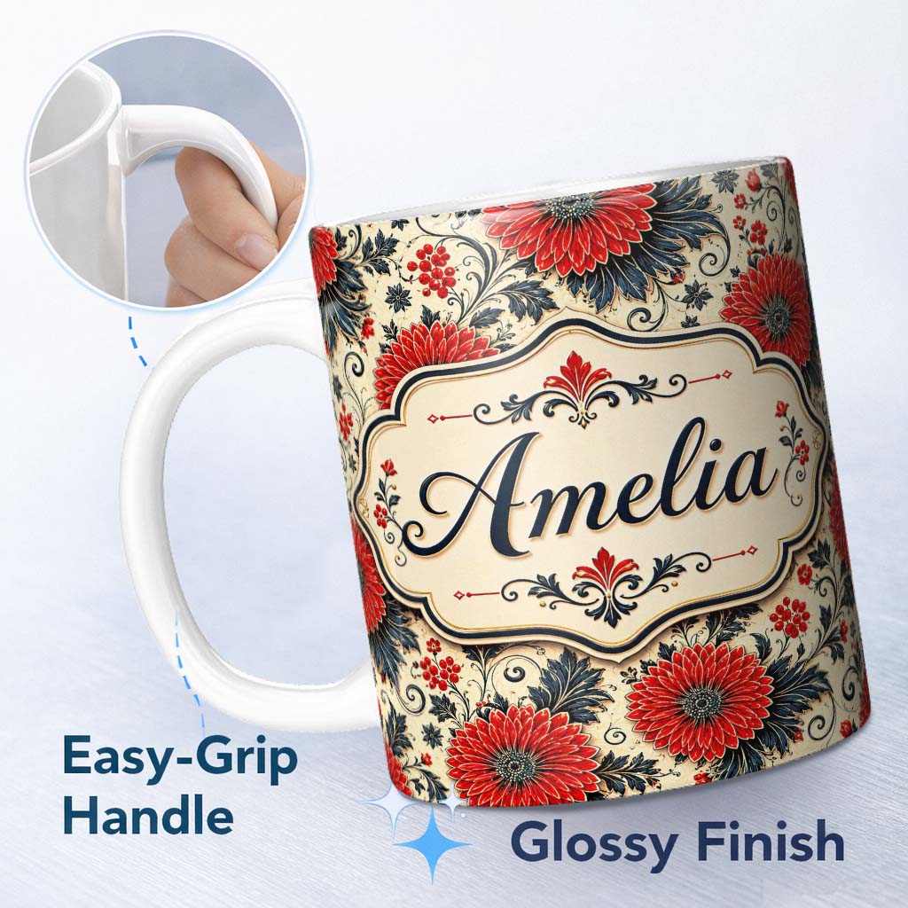 Personalized Custom Name Red Floral Vintage Garden Seamless Pattern Stylish Everyday Mug 11oz Ceramic Coffee Tea Mug White Large Handle