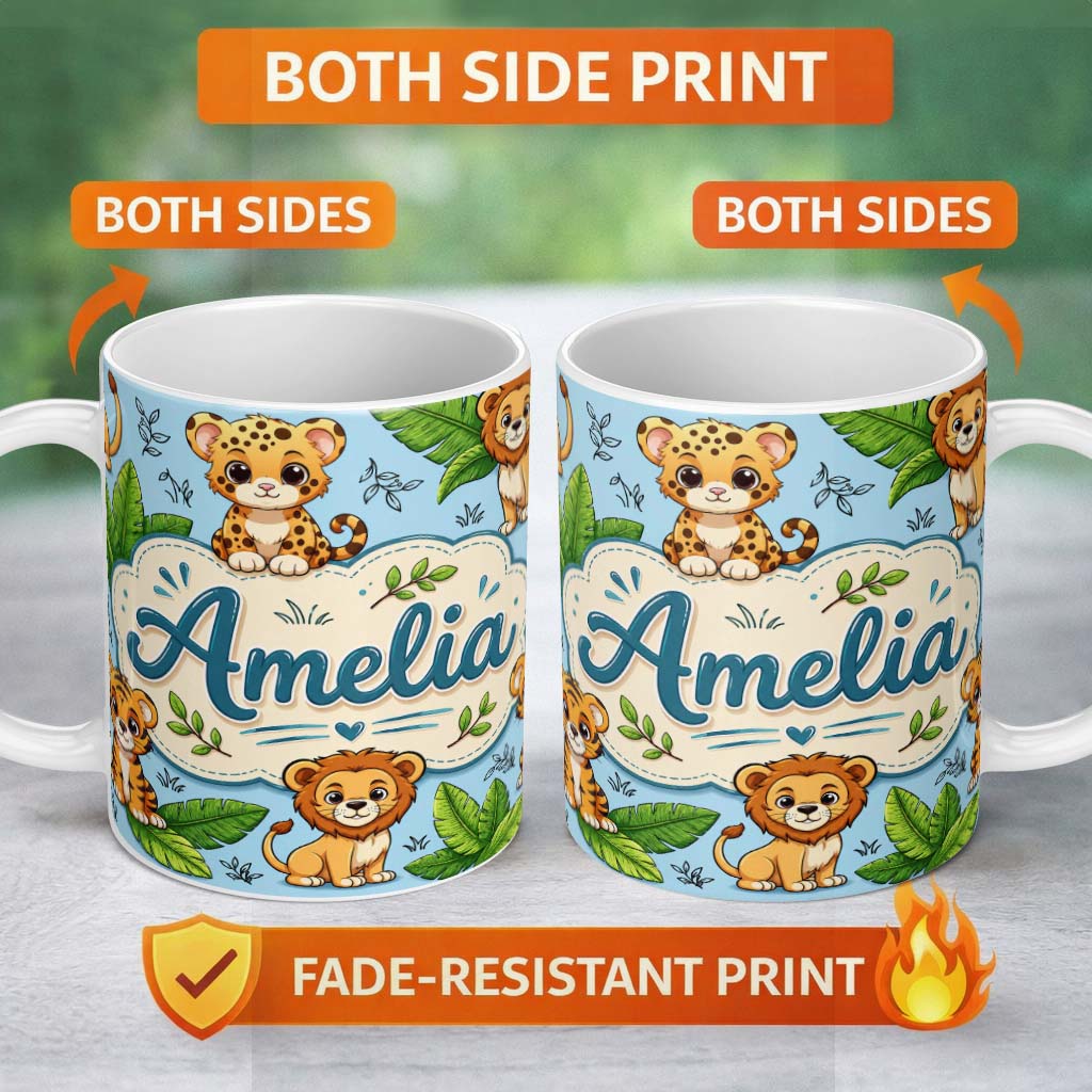 Personalized Custom Name Cute Jungle Animals Lion Tiger Leopard Tropical Leaves Mint Green 11oz Ceramic Coffee Tea Mug White Large Handle