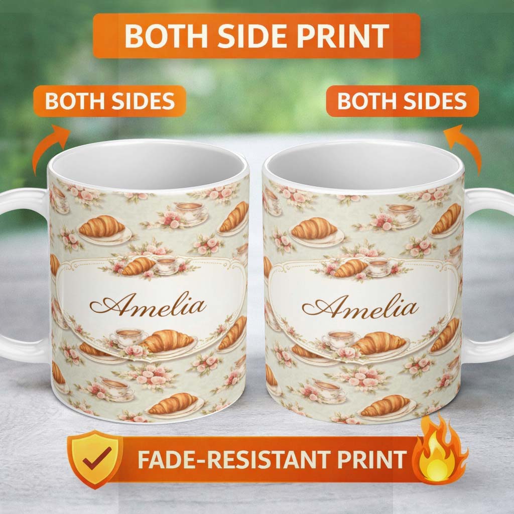 Personalized Custom Name Croissant Coffee Strawberry Dessert Seamless Pattern Bakery Lovely 11oz Ceramic Coffee Tea Mug White Large Handle