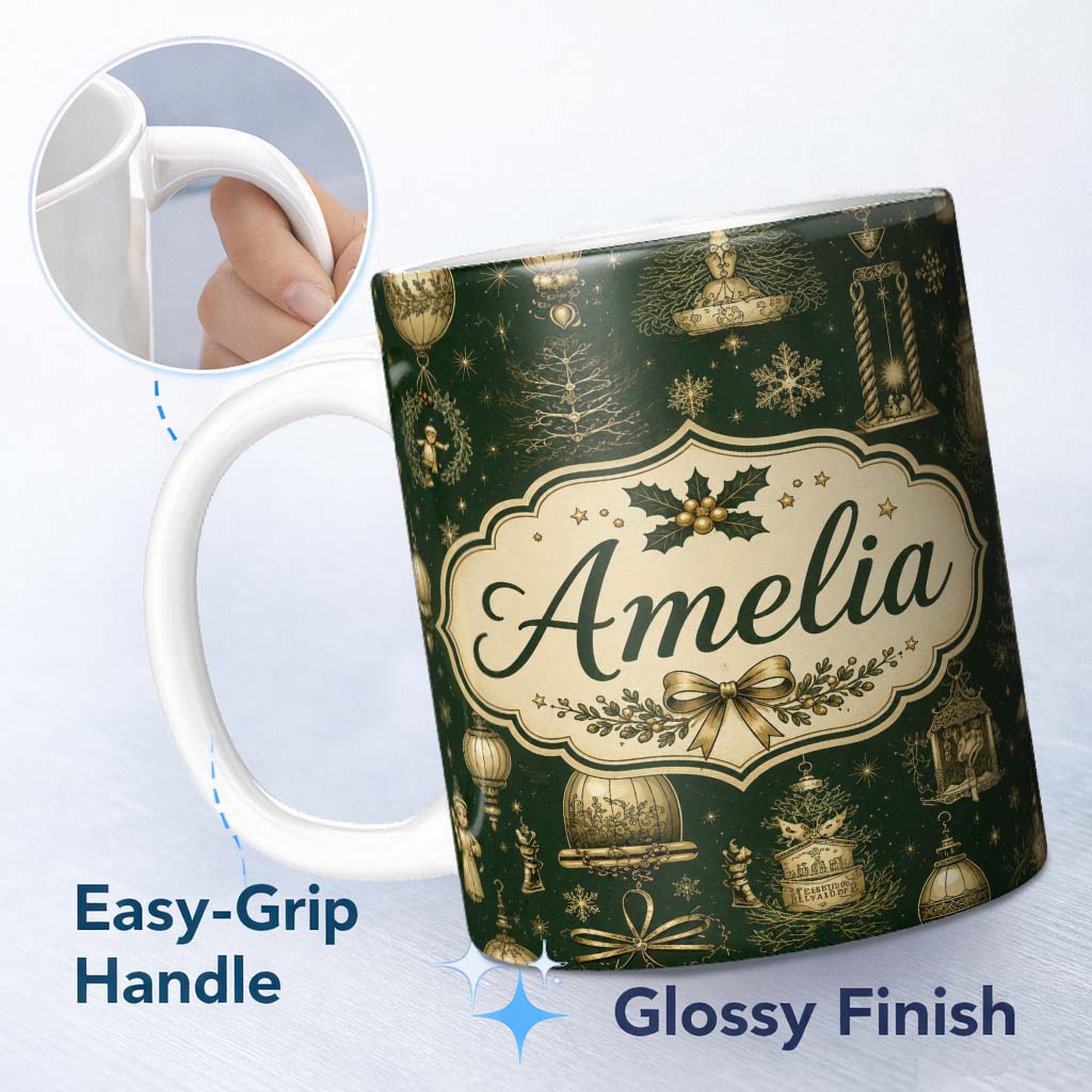 Personalized Custom Name Luxury Christmas Gold Ornament Tree Winter Seamless Pattern Lovely 11oz Ceramic Coffee Tea Mug White Large Handle