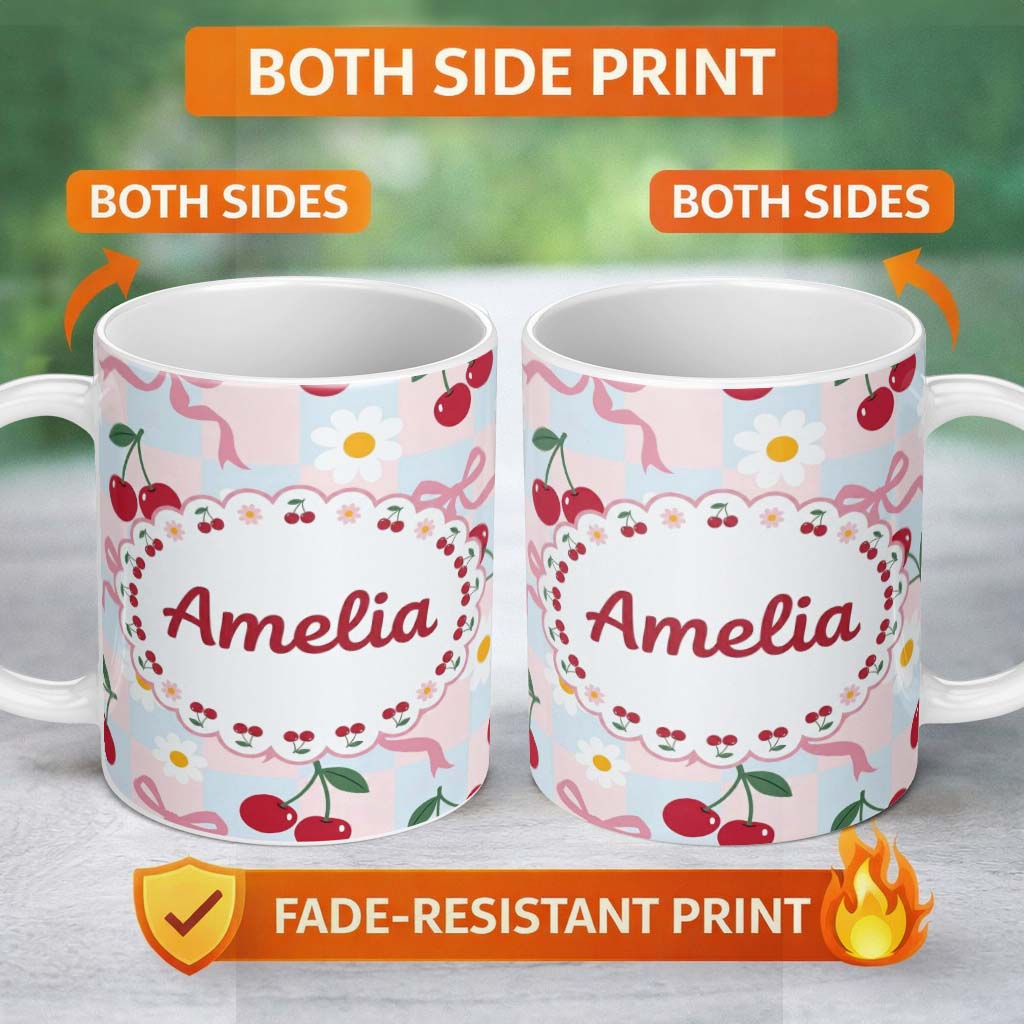 Personalized Custom Name Cute Cherry and Daisy Flowers with Pink Ribbon Bows Blue Check 11oz Ceramic Coffee Tea Mug White Large Handle