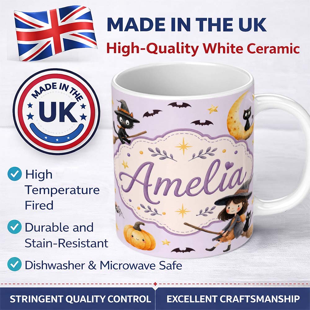 Personalized Custom Name Halloween Witch Cat Moon Stars Spooky Night Lilac Seamless Pattern 11oz Ceramic Coffee Tea Mug White Large Handle