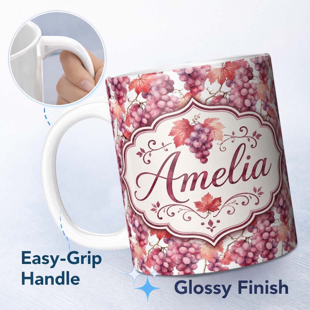 Personalized Custom Name Realistic Purple Grapes and Vine Leaves Seamless Pattern Lovely 11oz Ceramic Coffee Tea Mug White Large Handle