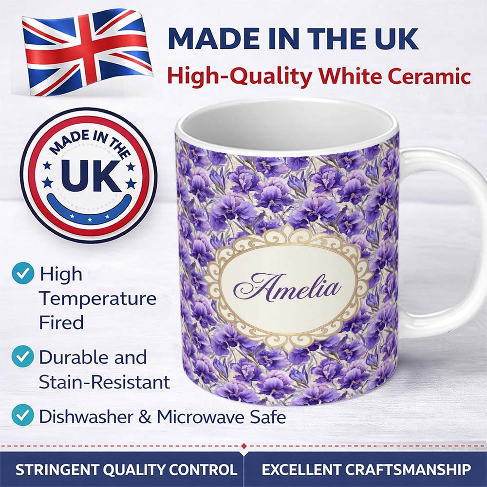Personalized Custom Name Purple Iris Flower Garden Seamless Pattern Charming Kitchen Decor 11oz Ceramic Coffee Tea Mug White Large Handle