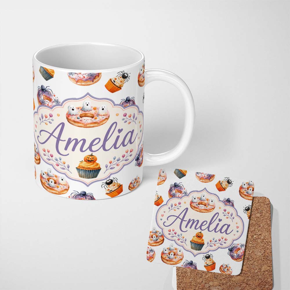 Personalized Custom Name Halloween Donuts Cupcakes Spiders and Ghosts Cute Light Grey Lovely 11oz Ceramic Coffee Tea Mug White Large Handle