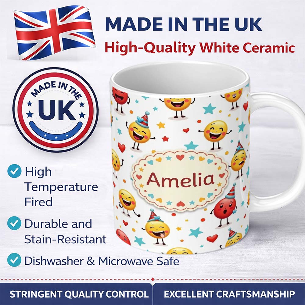 Personalized Custom Name Cute Happy Emoji Faces Party Hats Celebration Seamless Pattern 11oz Ceramic Coffee Tea Mug White Large Handle