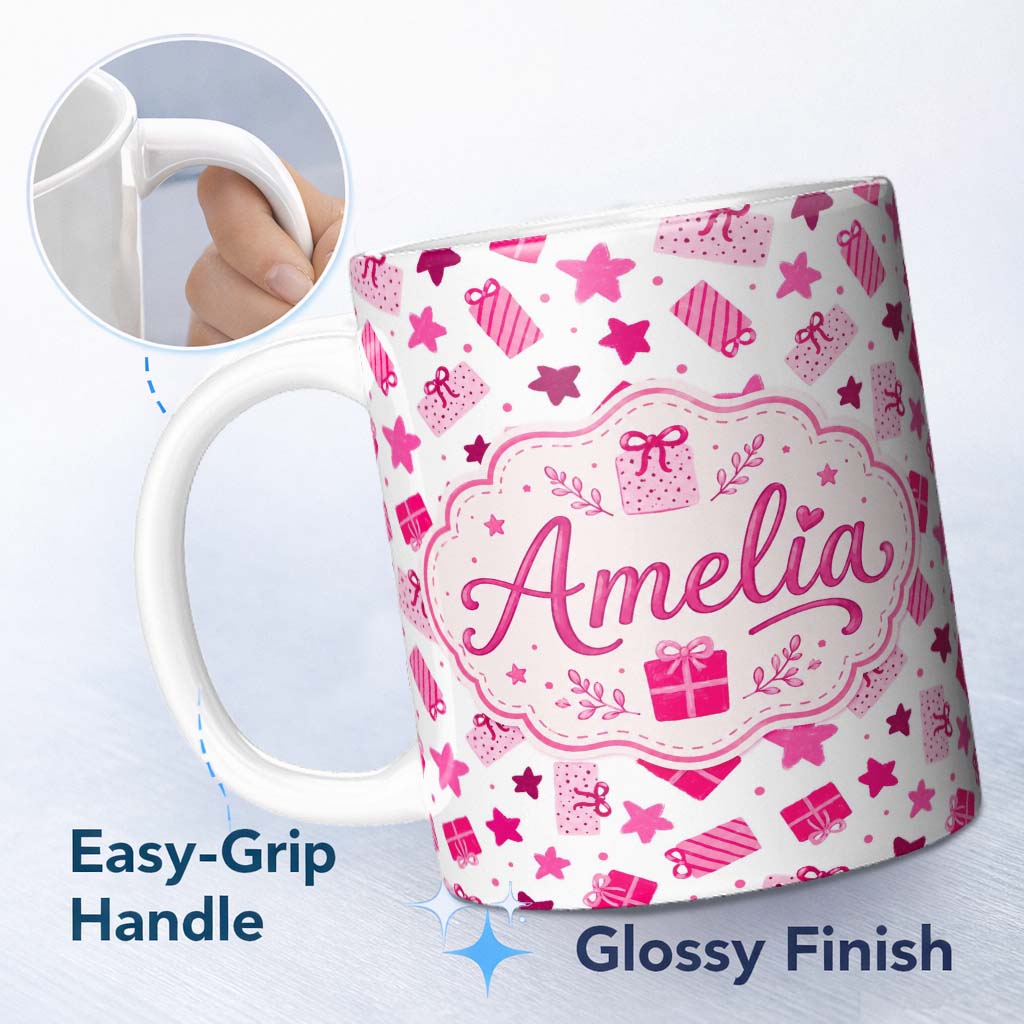 Personalized Custom Name Cute Pink Gift Boxes Stars Festive Christmas Seamless Pattern Lovely 11oz Ceramic Coffee Tea Mug White Large Handle