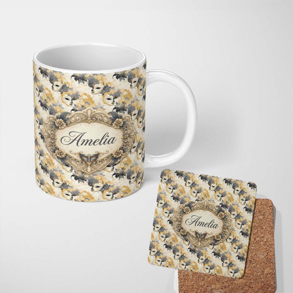 Personalized Custom Name Deep Blue Masquerade Pattern with Red and Gold Decorative Masks 11oz Ceramic Coffee Tea Mug White Large Handle