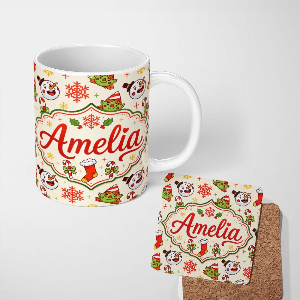 Personalized Custom Name Cute Snowman Elf Candy Cane Stocking Seamless Pattern Fun Holiday 11oz Ceramic Coffee Tea Mug White Large Handle