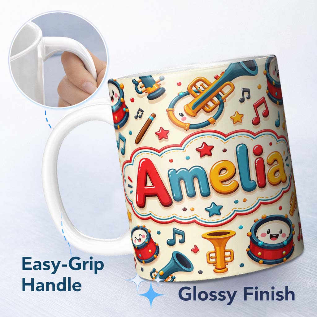 Personalized Custom Name Cute Musical Instruments Drums Trumpets Notes Fun Seamless Pattern 11oz Ceramic Coffee Tea Mug White Large Handle