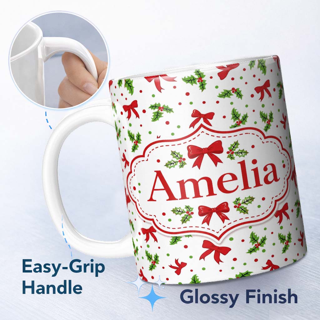 Personalized Custom Name Christmas Holly Leaves Red Bows Polka Dots Seamless Pattern Lovely 11oz Ceramic Coffee Tea Mug White Large Handle