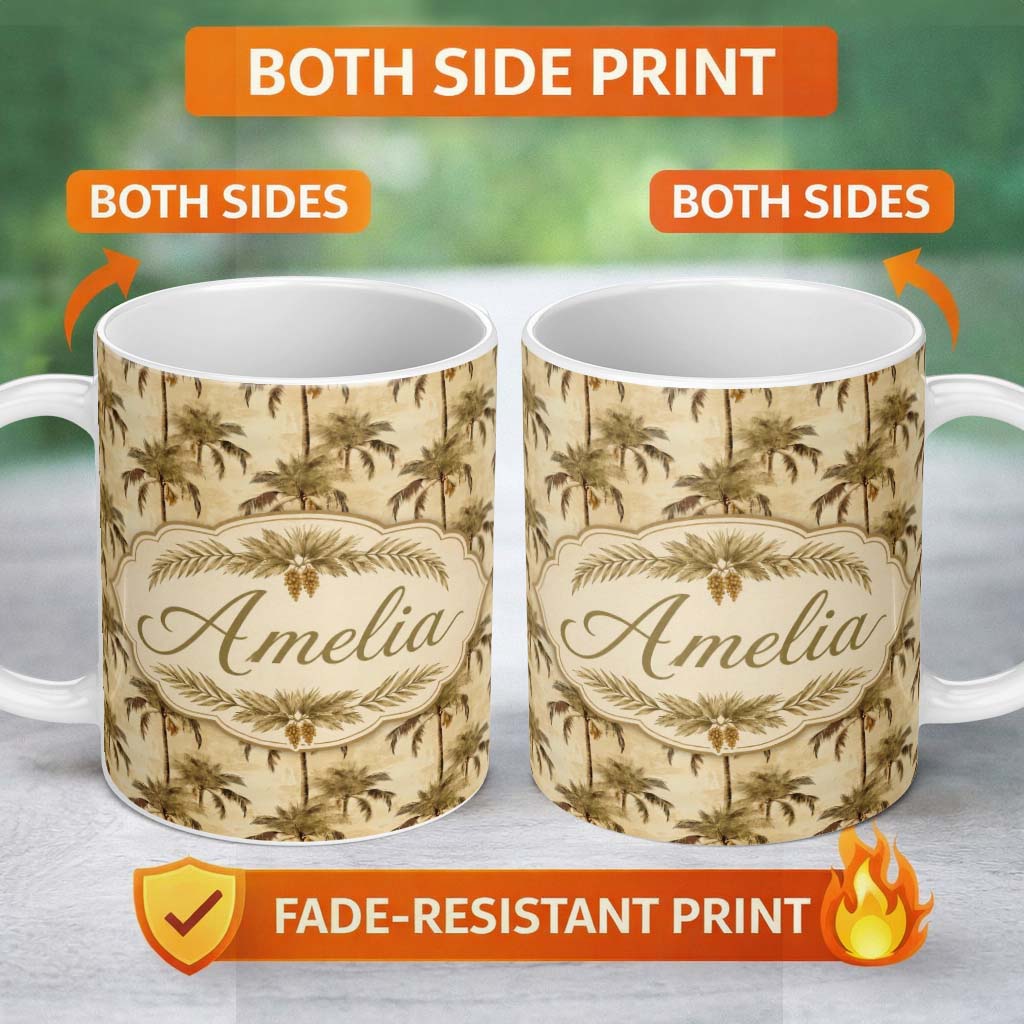 Personalized Custom Name Vintage Sepia Palm Tree Tropical Pattern on Beige Background Coastal 11oz Ceramic Coffee Tea Mug White Large Handle