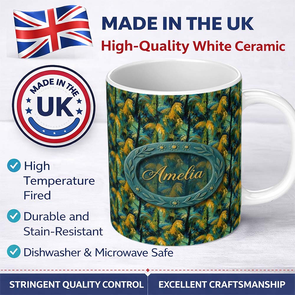 Personalized Custom Name Bold Painterly Tropical Palm Leaves in Teal and Mustard Artistic 11oz Ceramic Coffee Tea Mug White Large Handle