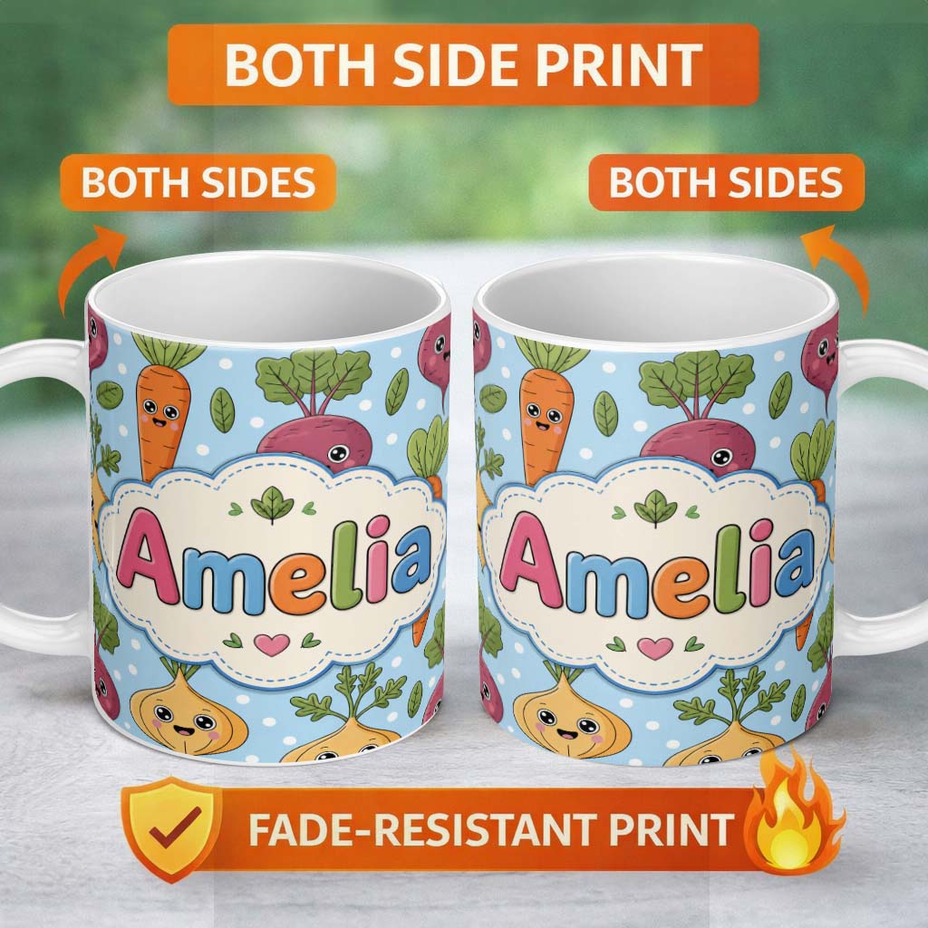 Personalized Custom Name Cute Happy Vegetables Carrots Beetroot Onion Garden Seamless Pattern 11oz Ceramic Coffee Tea Mug White Large Handle