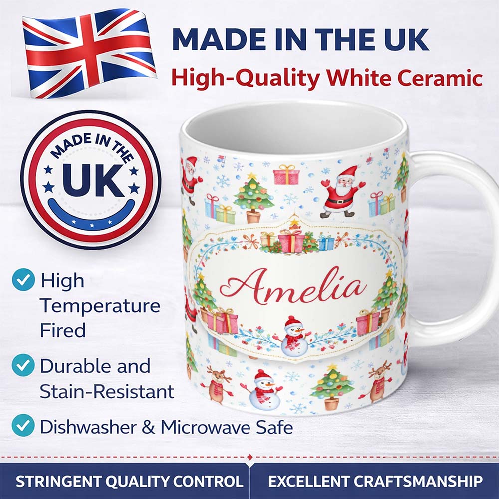 Personalized Custom Name Santa Reindeer Christmas Tree Pattern Cute Holiday Seamless Design 11oz Ceramic Coffee Tea Mug White Large Handle