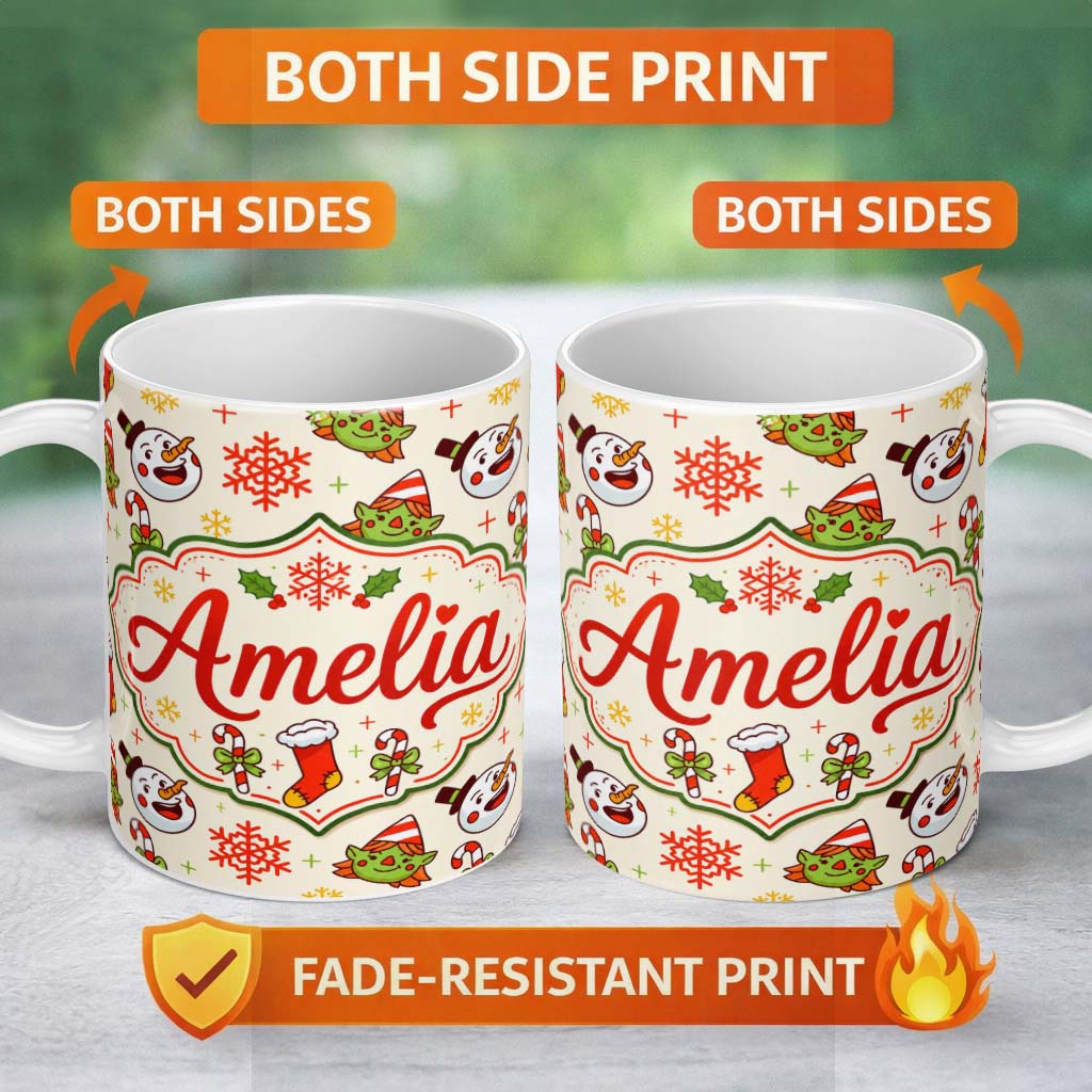 Personalized Custom Name Cute Snowman Elf Candy Cane Stocking Seamless Pattern Fun Holiday 11oz Ceramic Coffee Tea Mug White Large Handle