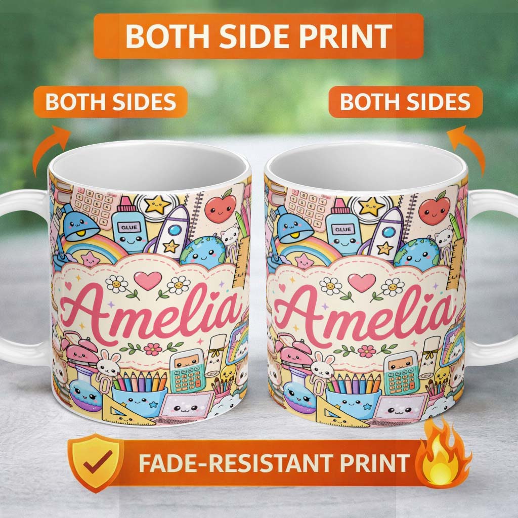 Personalized Custom Name Cute Kawaii School Supplies Science Art Cute Pattern Yellow Lovely 11oz Ceramic Coffee Tea Mug White Large Handle