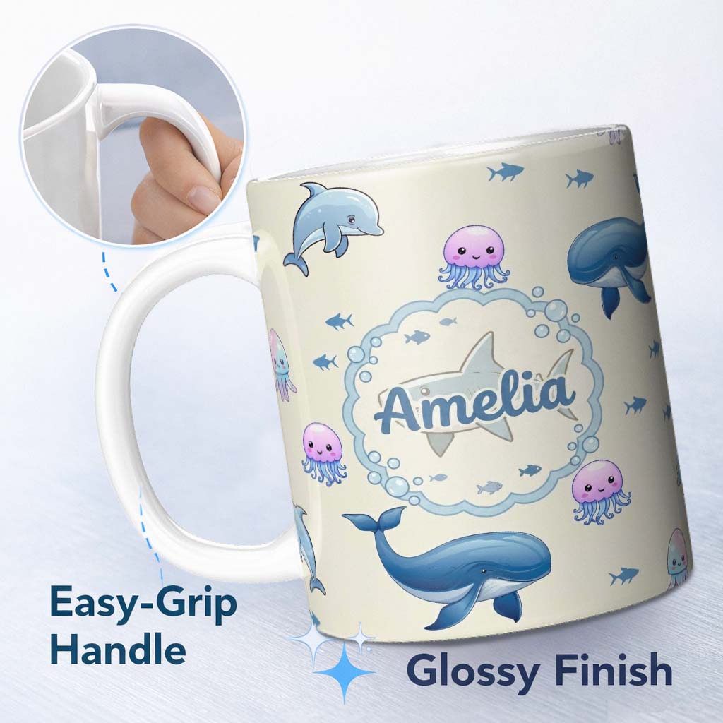 Personalized Custom Name Cute Dolphin Shark and Jellyfish Ocean Animals Neutral Beige Lovely 11oz Ceramic Coffee Tea Mug White Large Handle
